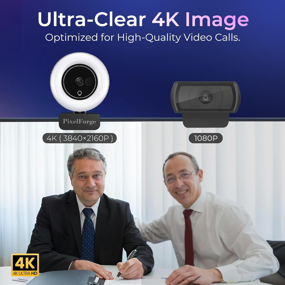 4K Webcam for PC with Microphone & Light & Privacy Cover, Web Camera for Desktop