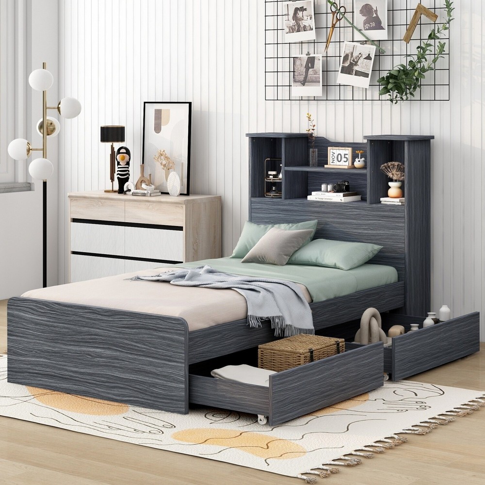 Twin Size Bed Frame Wood Platform Bed with Storage Shelf & Drawer & LED Light US