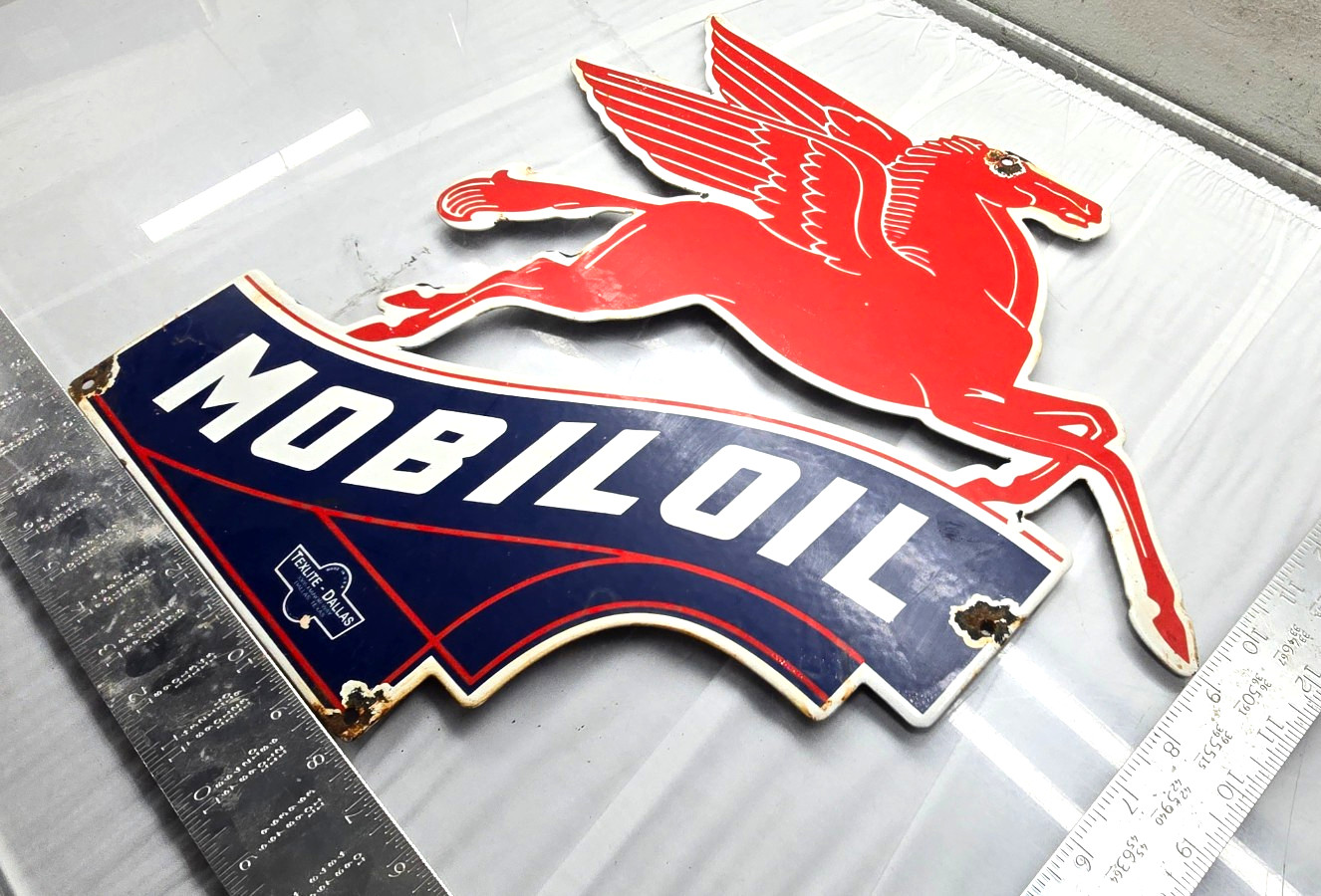 Vintage Mobil OIL Gasoline Sign Pegasus Motor Oil Gas Pump Porcelain Large Sign