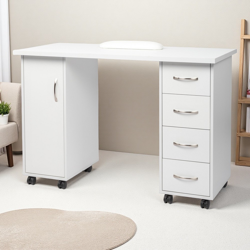 Rolling Computer Desk - White, 4-Drawer, Shelves Storage & MDF ​Nail Table​