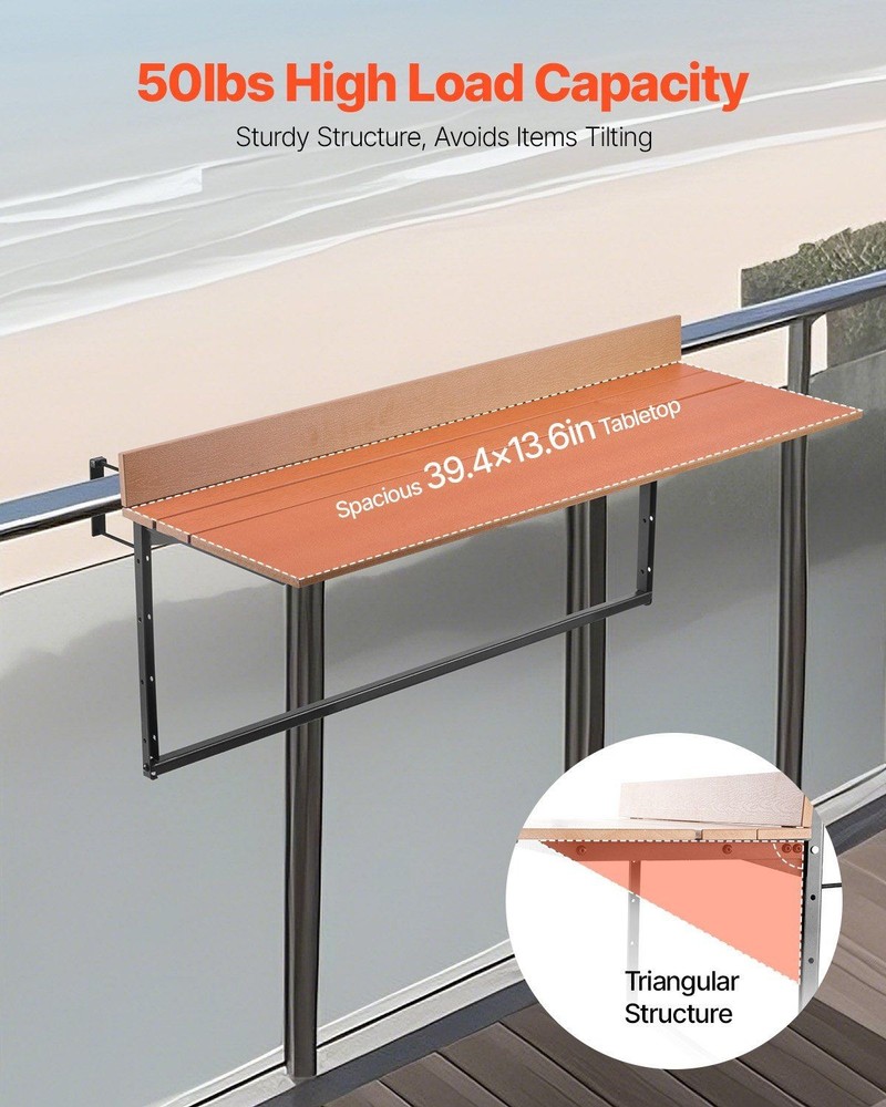 Rust-Resistant Balcony Table 15x39in 5-Setting Adjustable Foldable 50lb Support
