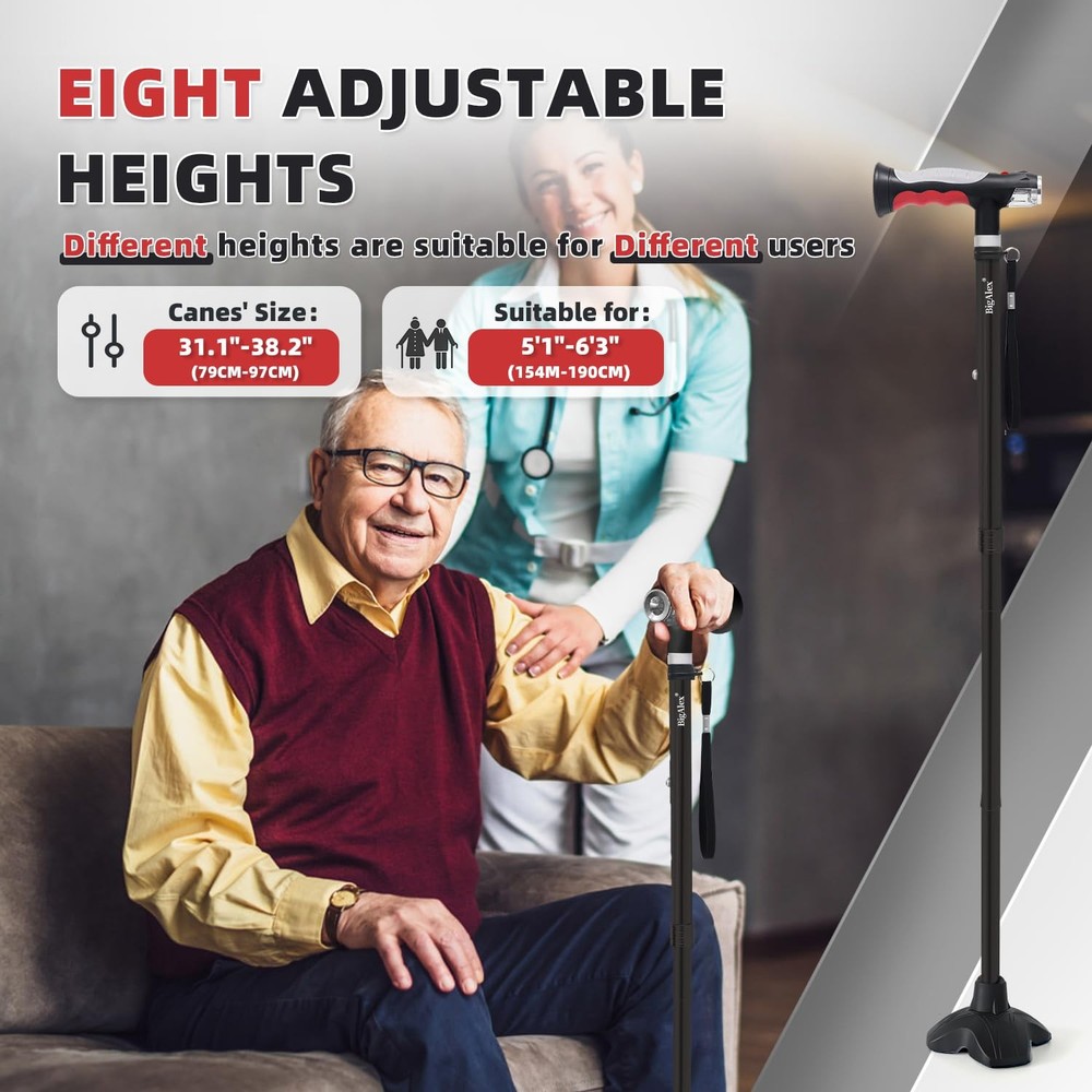 Folding Cane with 2 LED Lights, 8 Adjustable Heights, Solid Base - Comfortable