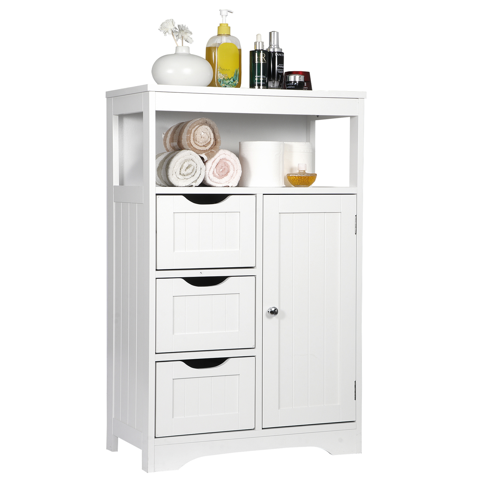 Bathroom Floor Storage Cabinet Organizer w/ 3 Drawers and Adjustable Shelf White