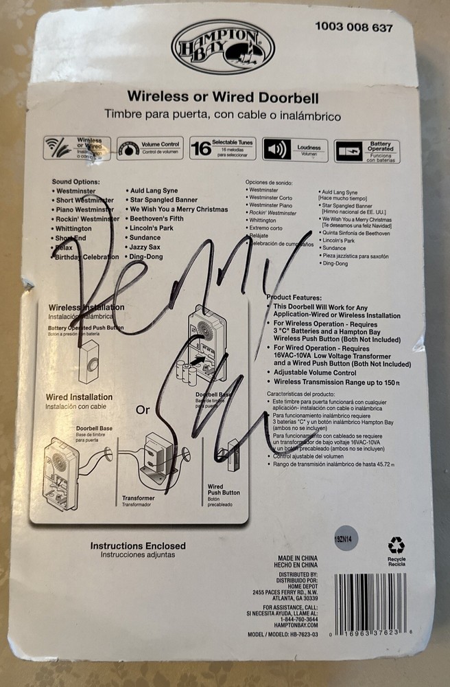 Hampton Bay Wireless or Wired Door Bell in Black Frame with White Insert