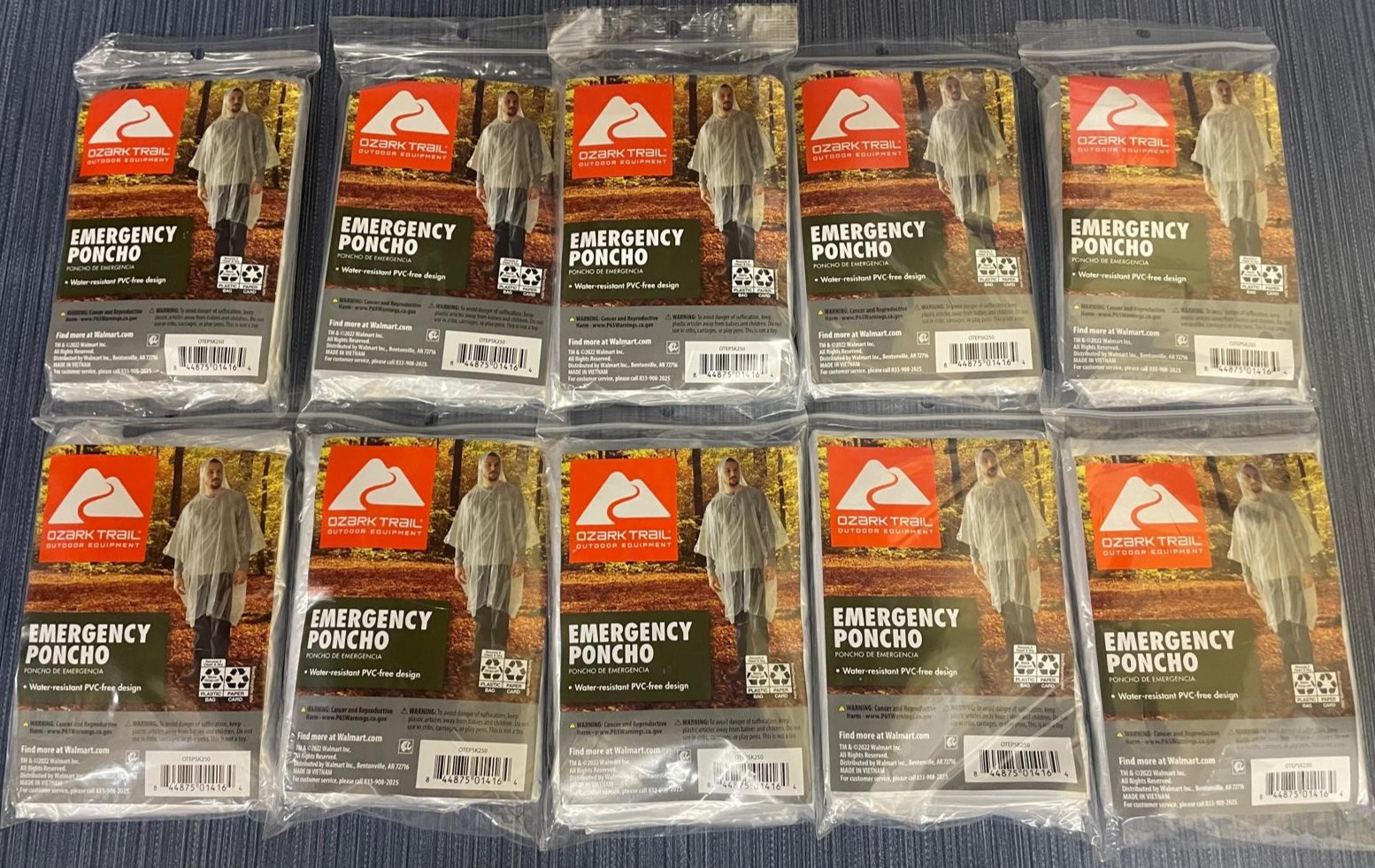 Lot of 10 x Ozark Trail Emergency Poncho Water Resistant PVC-Free Clear