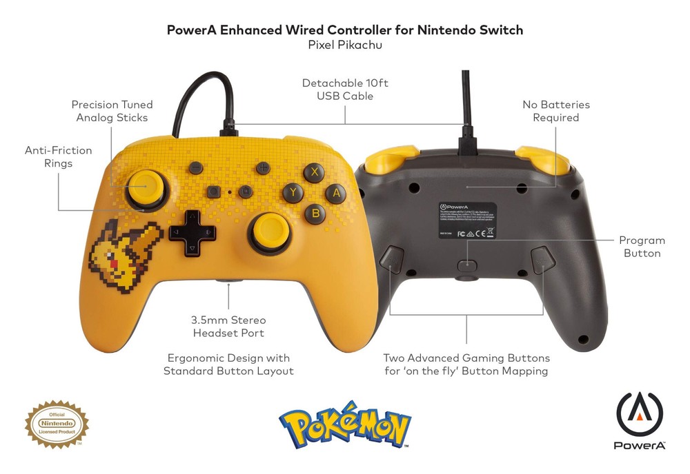 PowerA *OFFICIAL* Enhanced Wired Controller *PIXEL PIKACHU EDITION* (Switch) New