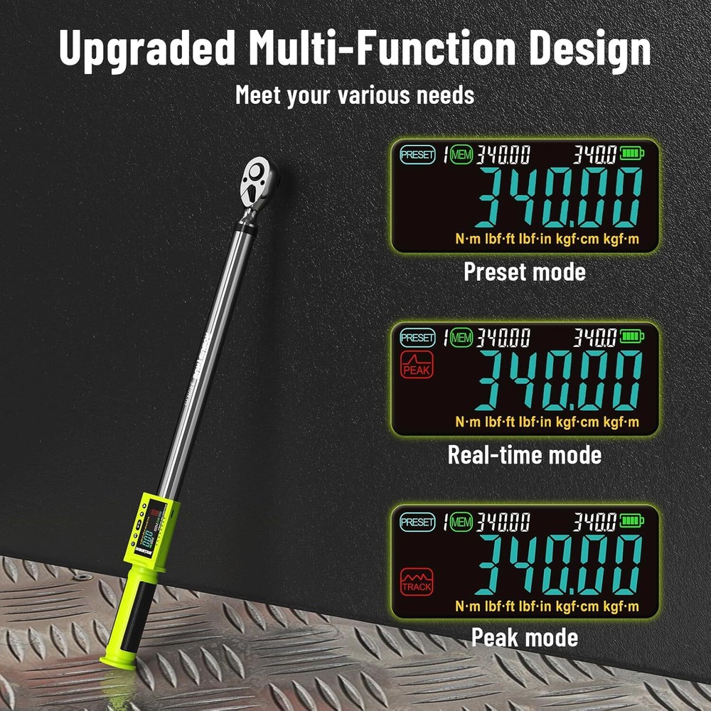 Electronic Torque Wrench with Buzzer & LED, 500 Data Memory 1/2-Inch Drive