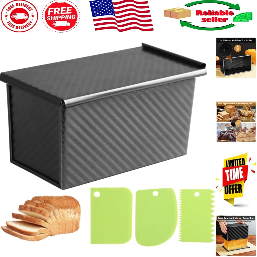 Premium Black Pullman Bread Pan with Lid & Dough Scraper – Ideal for Baking