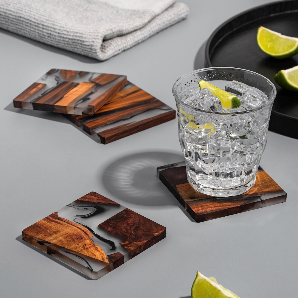 Walnut Coasters Set, Modern Coasters with Holder Square
