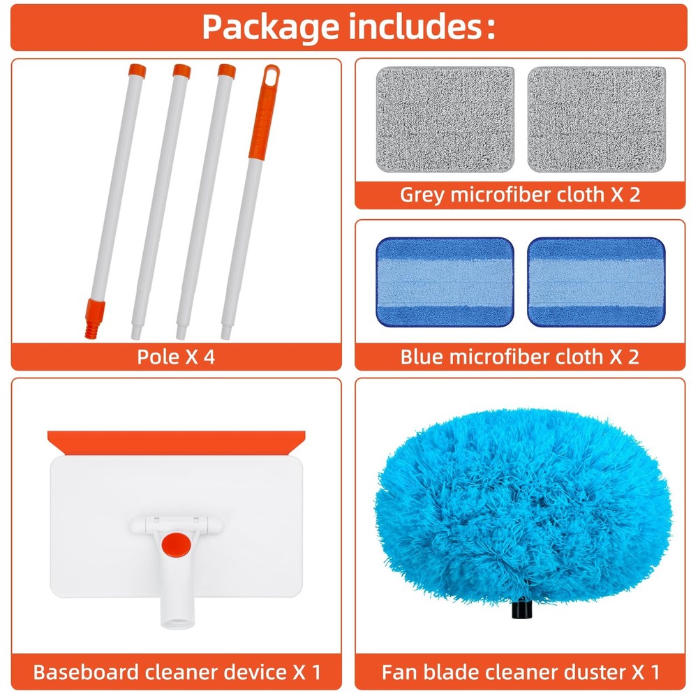 Baseboard Cleaner Tool with Handle Extendable Long Handle Reusable Pads for Floo