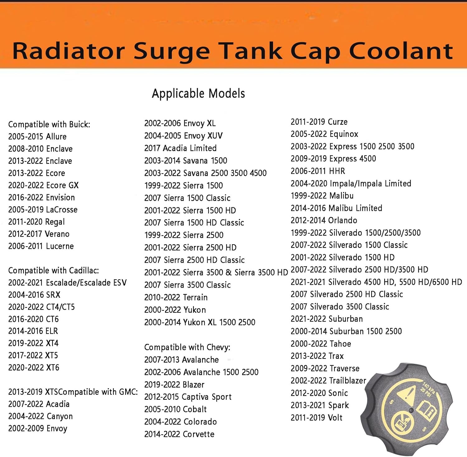 Universal Coolant Reservoir Cap for 2000-2022 Chevy GMC Buick Cadillac -Silverad