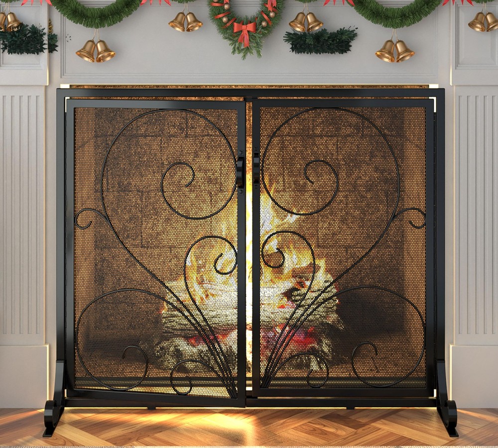 Flat Fireplace Screen with Doors,Solid Wrought Iron Frame with Metal Mesh, Fl...