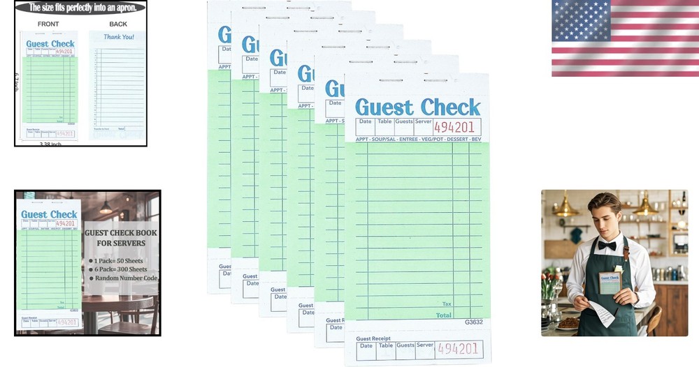 Waitress Notepad 6 Pack - Perforated Green Guest Checks for Efficient Ordering