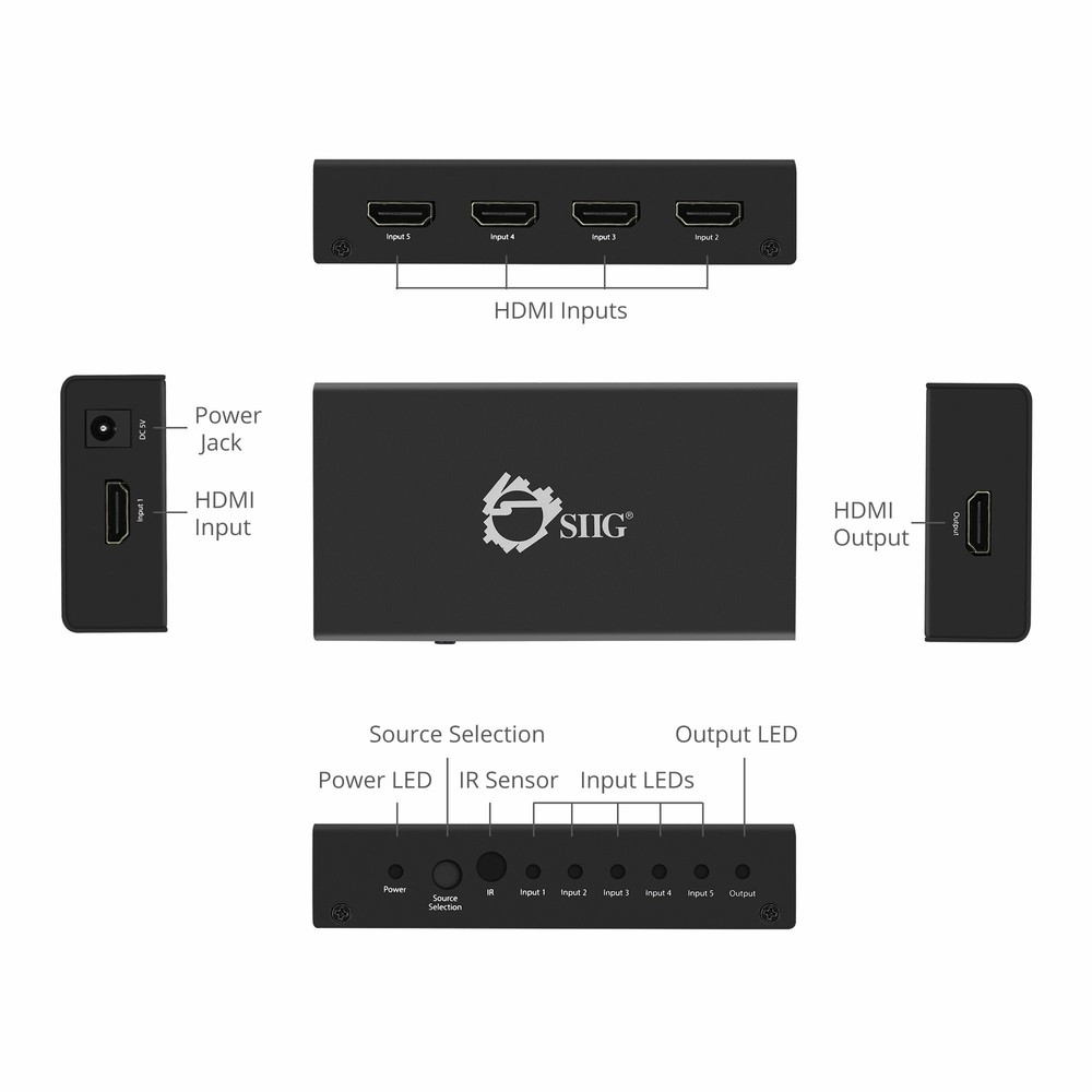 SIIG 5x1 HDMI Switcher 4K - Switch Inputs and Source Selector (CE-H23012-S1)