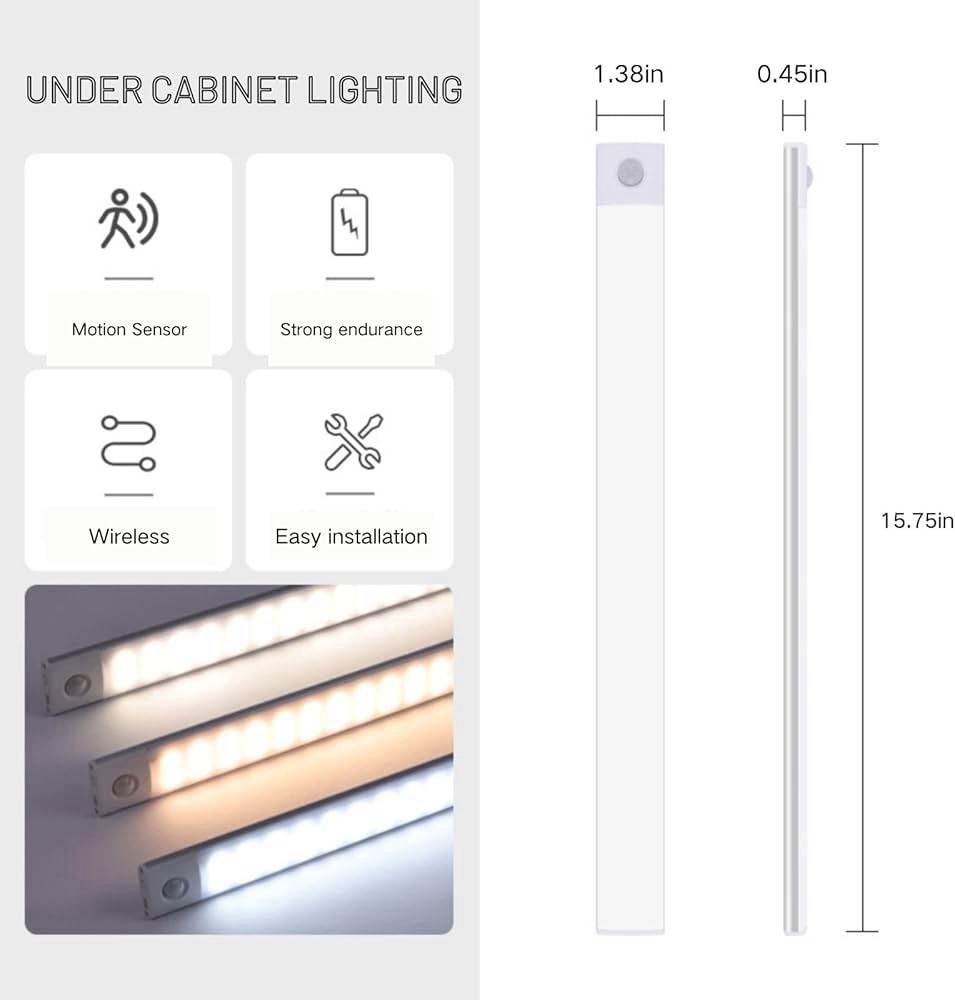 16 inch Under Cabinet Lighting, 2 Pack Rechargeable Motion Sensor Light Indoor