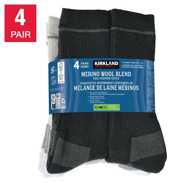 4 PAIRS KIRKLAND SIGNATURE MEN'S MERINO WOOL OUTDOOR SOCKS Size 7-13 W / CUSHION