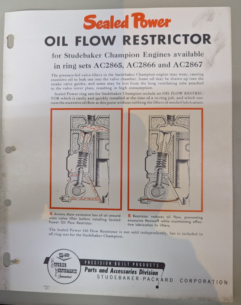 Studebaker Accessory Sealed Power Oil Restrictor Flyer