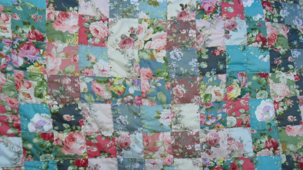 Hand Quilted Patchwork Lap Quilt Multicolored Pink & Red Roses