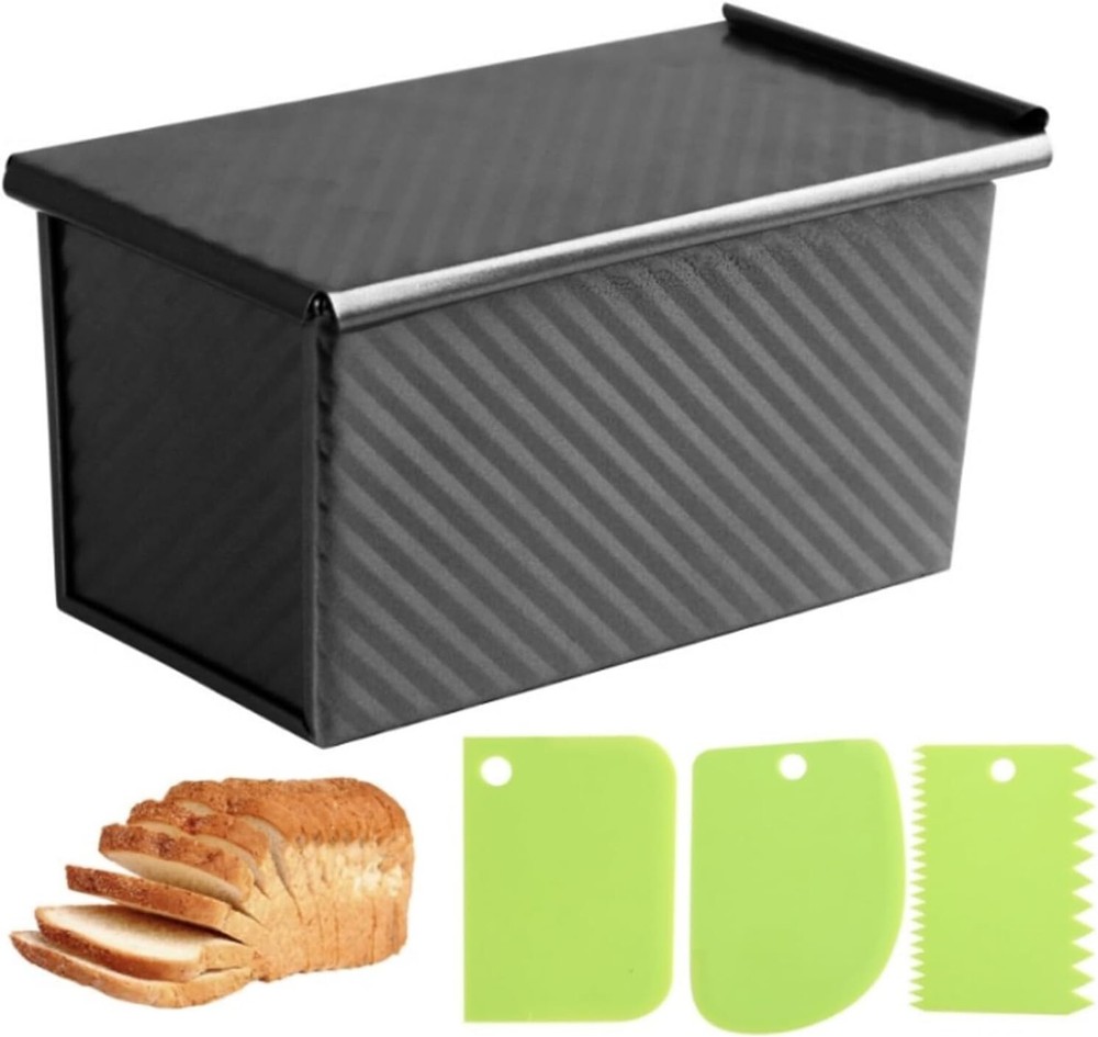Premium Black Pullman Bread Pan with Lid & Dough Scraper – Ideal for Baking