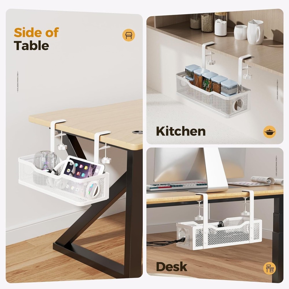 Versatile Under Desk Cable Organizer - Includes Clips & Ties, White Metal Design