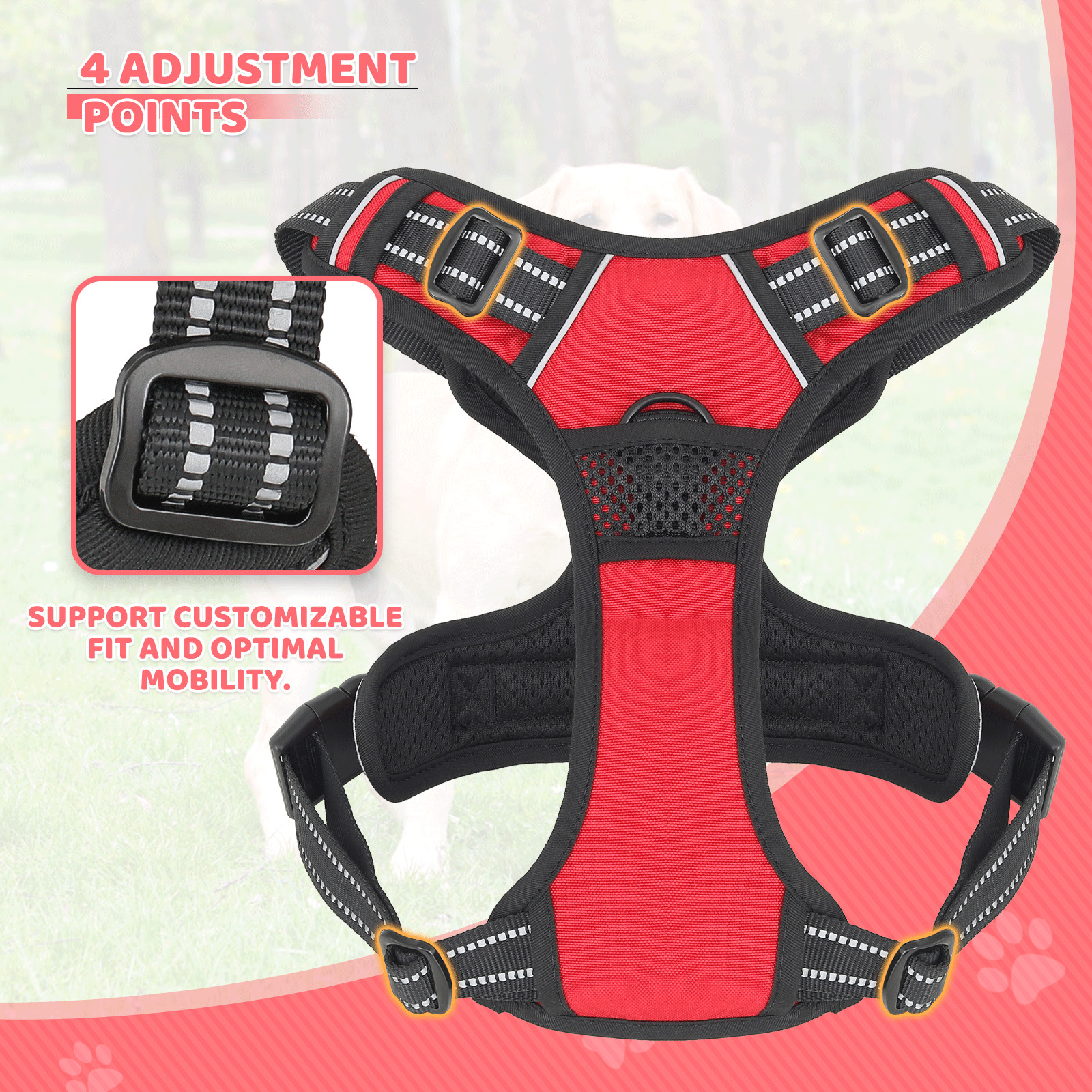 Adjustable Control No Pull Pet Dog Harness Red w/Reflective Strips & Soft Handle
