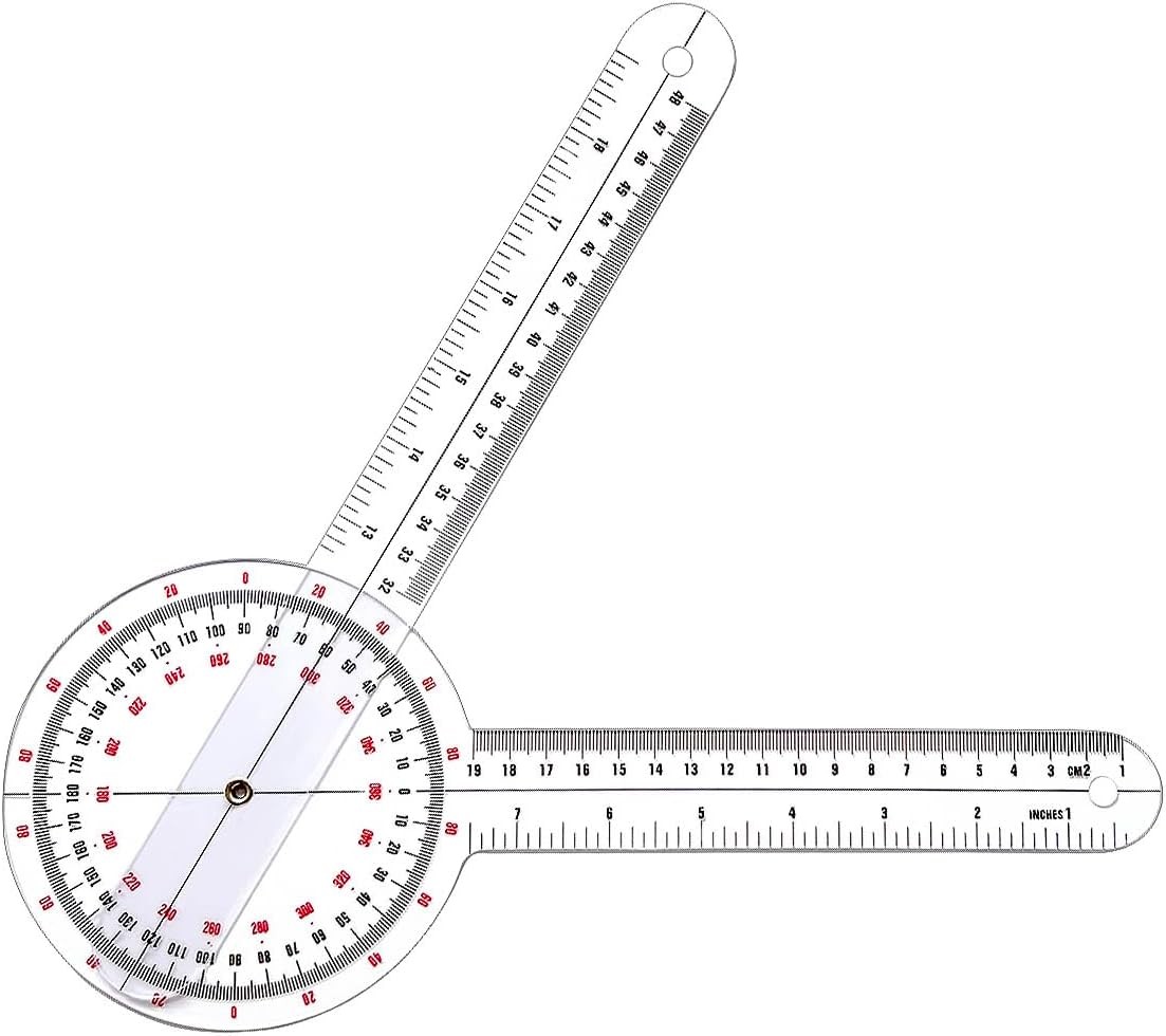 12 inch Transparent Orthopedic Angle Ruler Plastic Goniometer, 360 Degree Clear