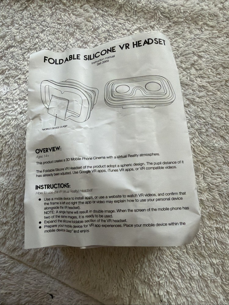 ORACLE Foldable Silicone VR Headset (1) With Instruction Sheet.