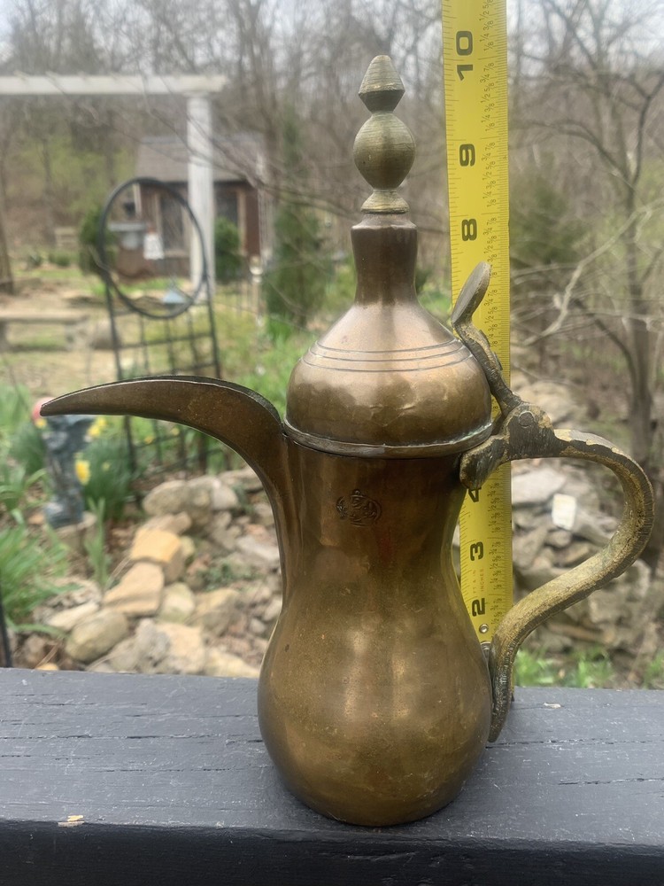 Vintage Handmade DALLAH Arabic Turkish Solid Brass Coffee Pot 10”T, Signed