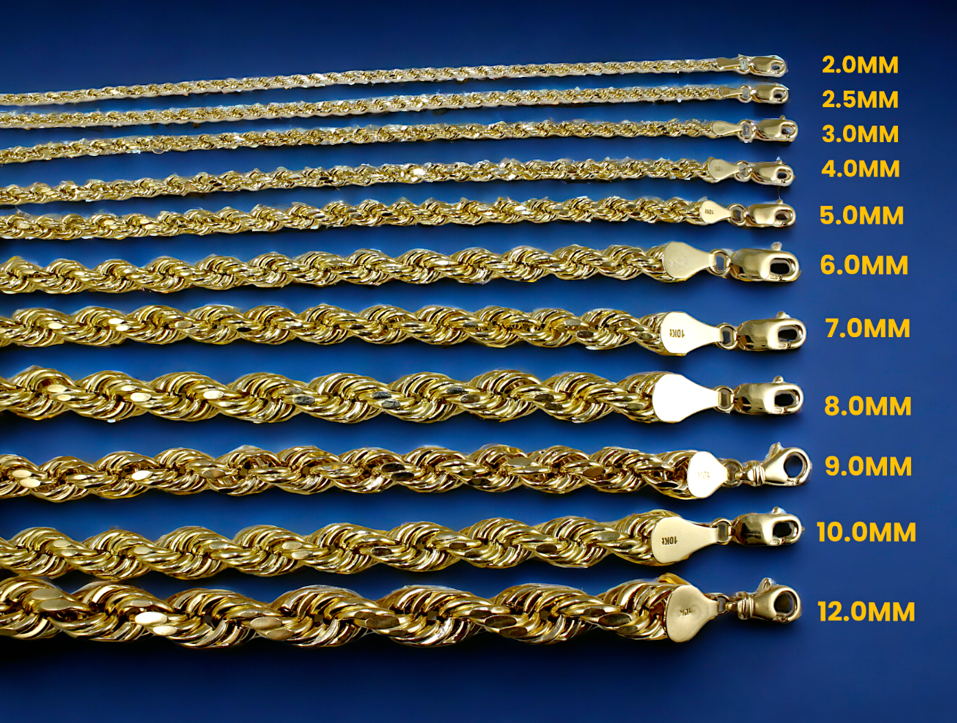 10K Yellow Gold 2mm-10mm Rope Chain Necklace Diamond Cut All Sizes Real