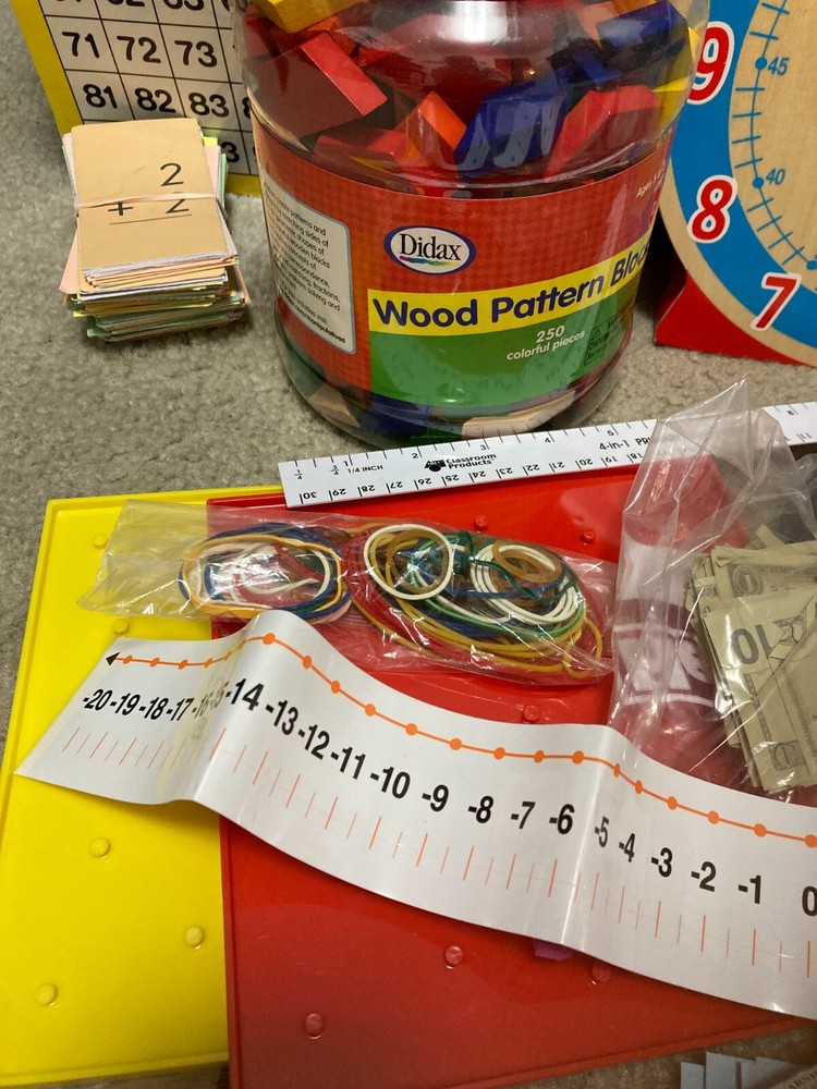 Homeschool Math Manipulatives Lot Geometry, Pattern Blocks, Clock, Multilinks