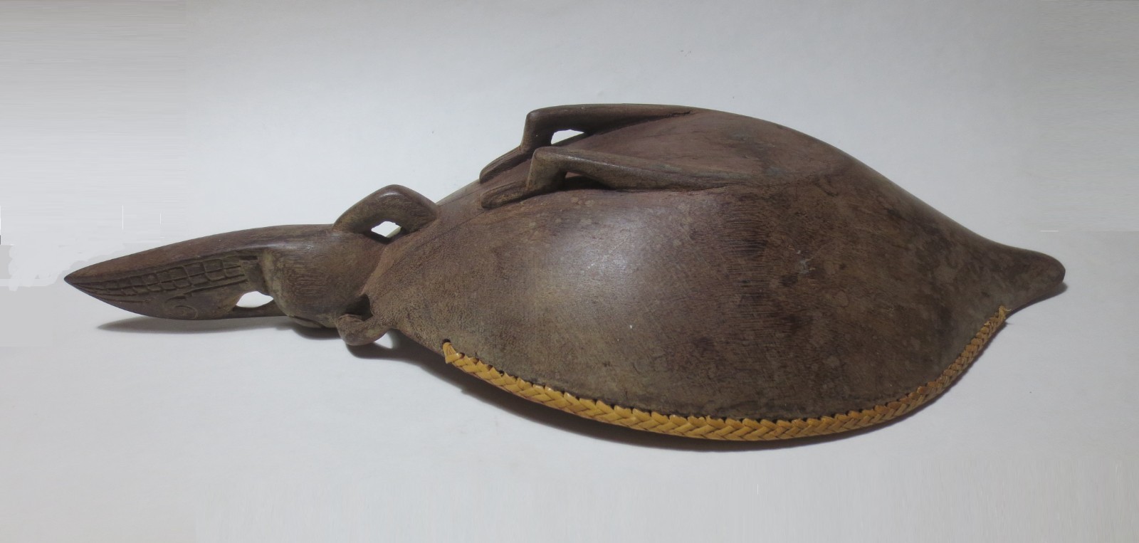 RARE! ANTIQUE! c1900 BORNEO "ASO DRAGON" CARVED WOOD BOWL w WEAVED RATTAN RIM