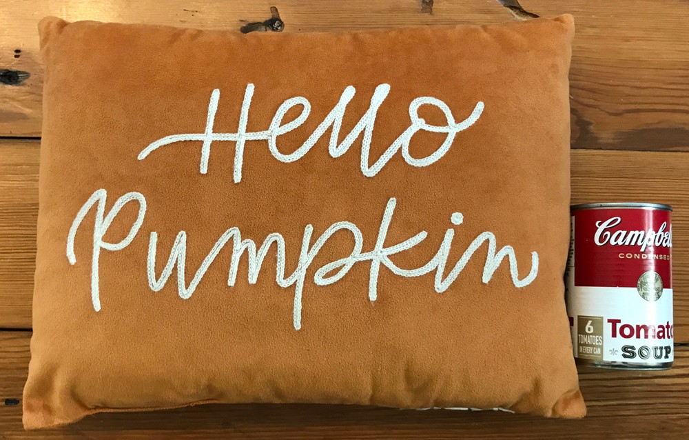 Hello Pumpkin Cursive Script Embroidered Velvet Fall Autumn Orange Throw Pillow