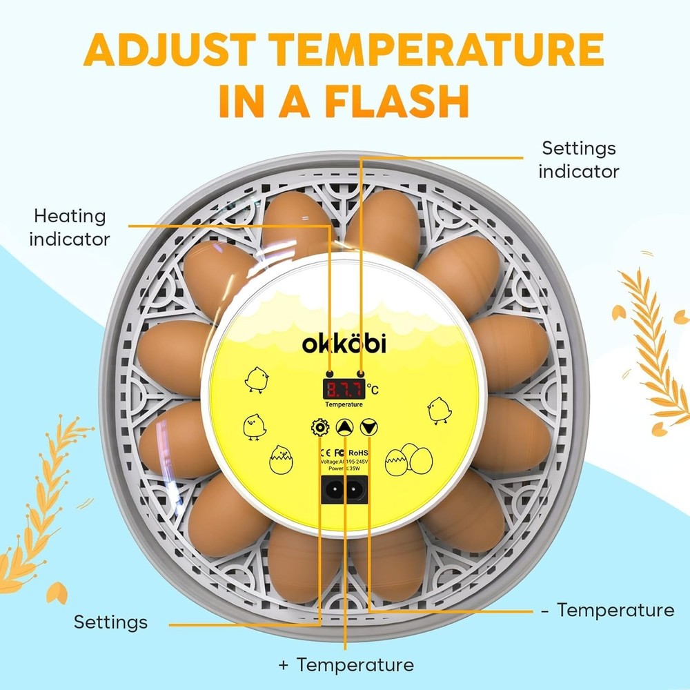 Okkobi M12 Automatic Egg Incubator - Precise Temp & Humidity Control, 12-24 Eggs
