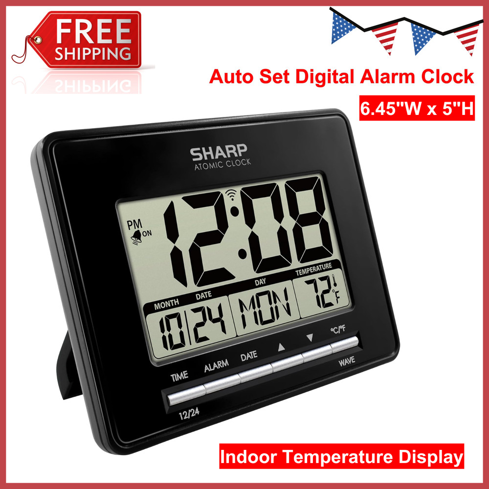 Sharp Atomic Desktop Clock - Auto Set Digital Alarm Clock Atomic Accuracy, Black