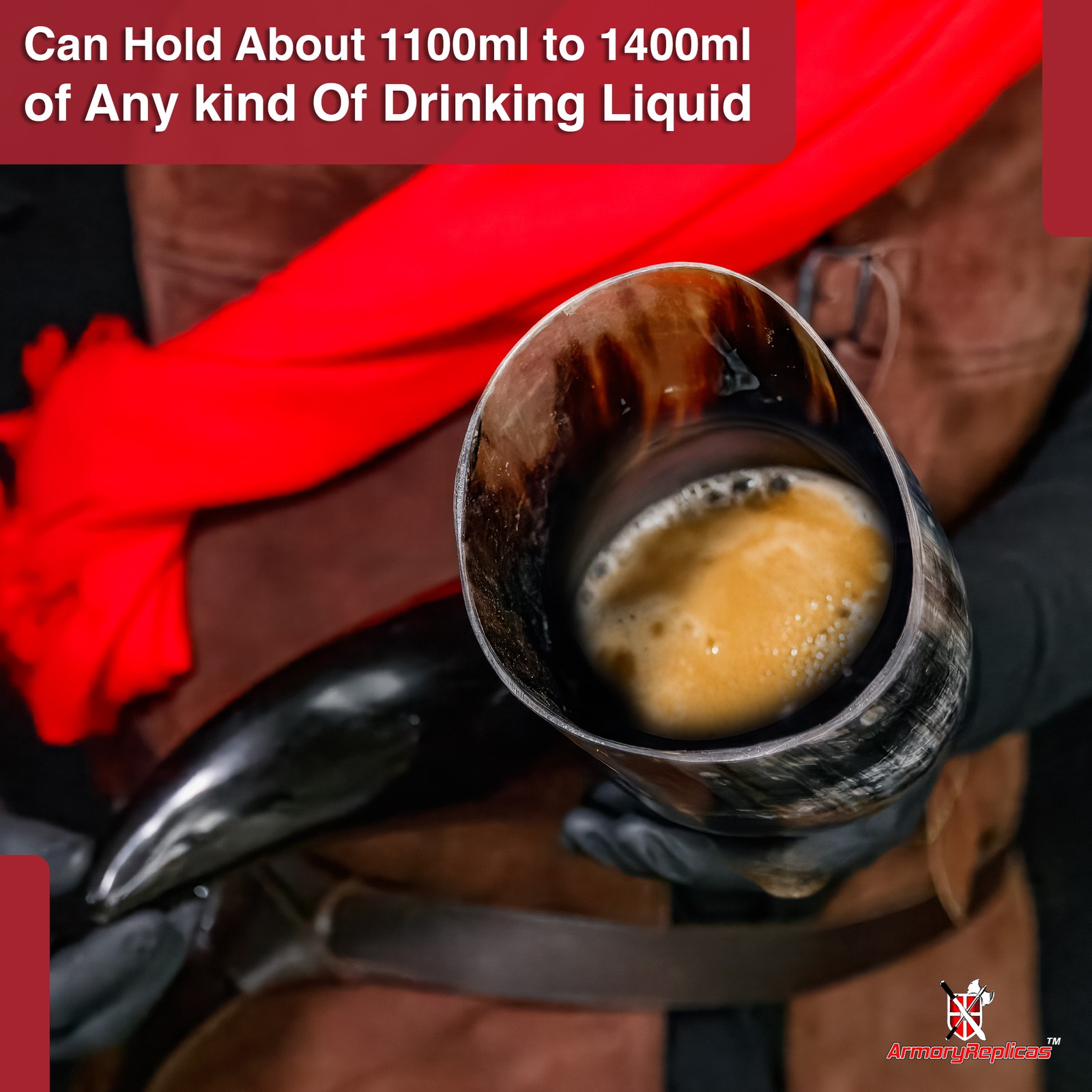 XL Viking Drinking Horn 23" w/ Brown Leather Belt Frog 1400ml Medieval Horn Cup