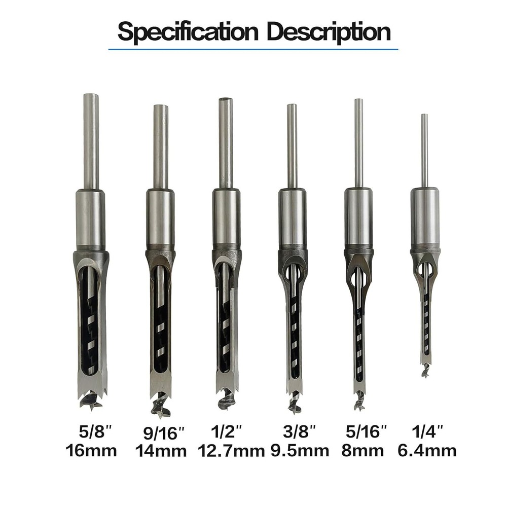 6Pcs Woodworking Square Drill Bits Set, HSS Wood Mortising Chisel Countersink