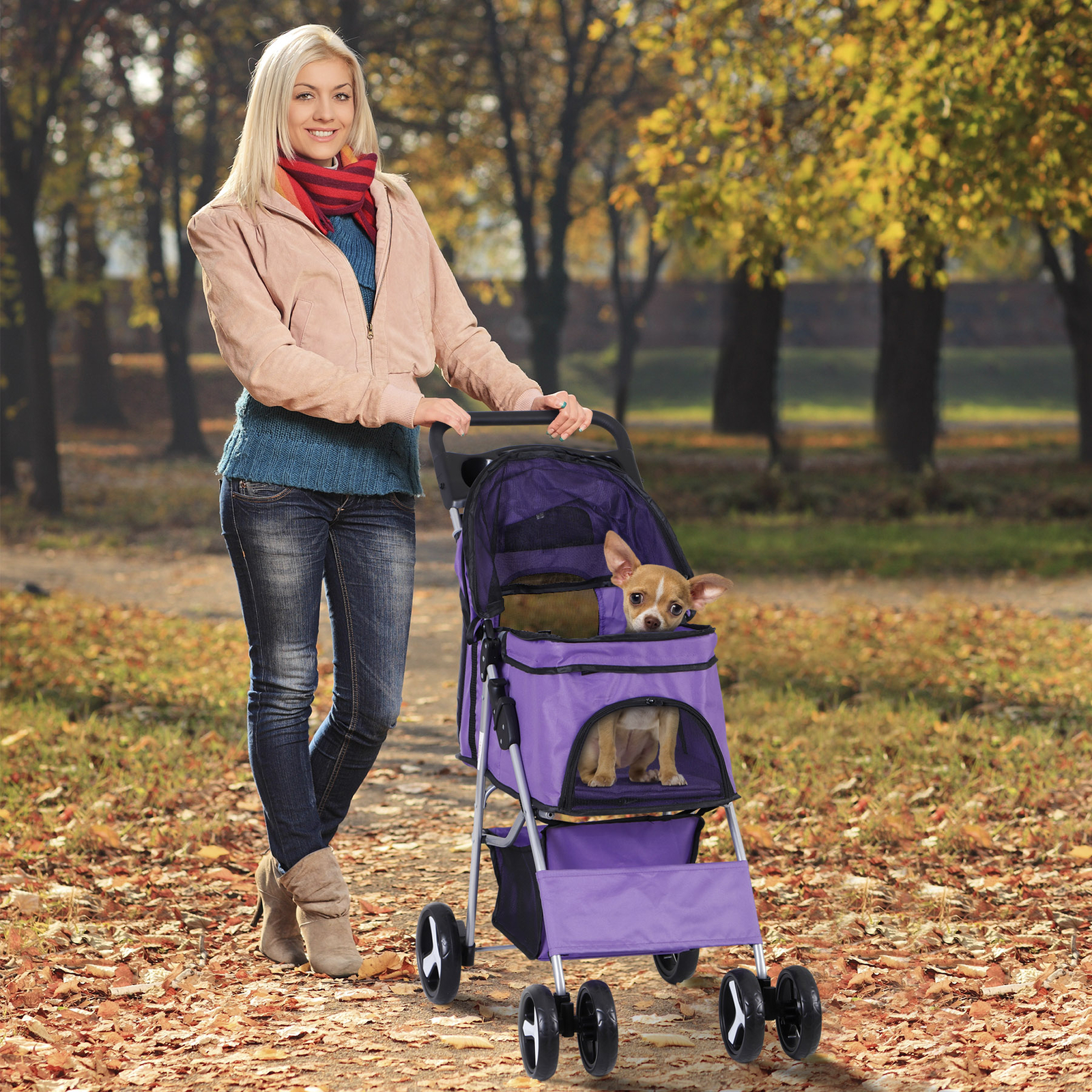 4 Wheel Dog Stroller Pet Stroller Travel Carriage w/Foldable Carrier Cart Purple