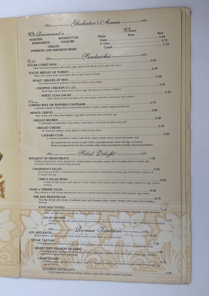 Vintage Caesars Palace Cafe Roma Menu