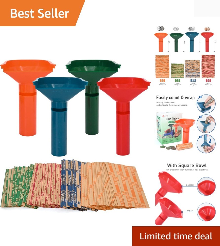 150 Flat Striped Coin Wrappers & 4 Easy-Load Sorting Tubes for Efficient Coining