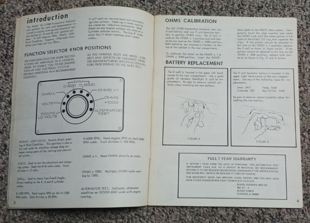 Owner's Manual SEARS AUTOMOTIVE ENGINE ANALYZER Model 161-21042