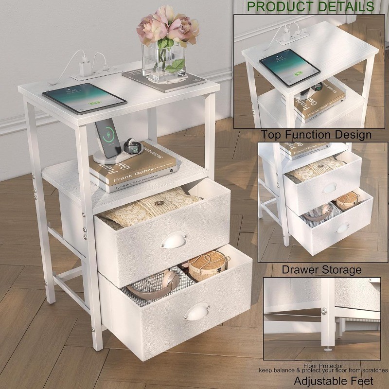 Nightstand with Charging Station, LED Night Stand Set 2, Bedside Table End Table