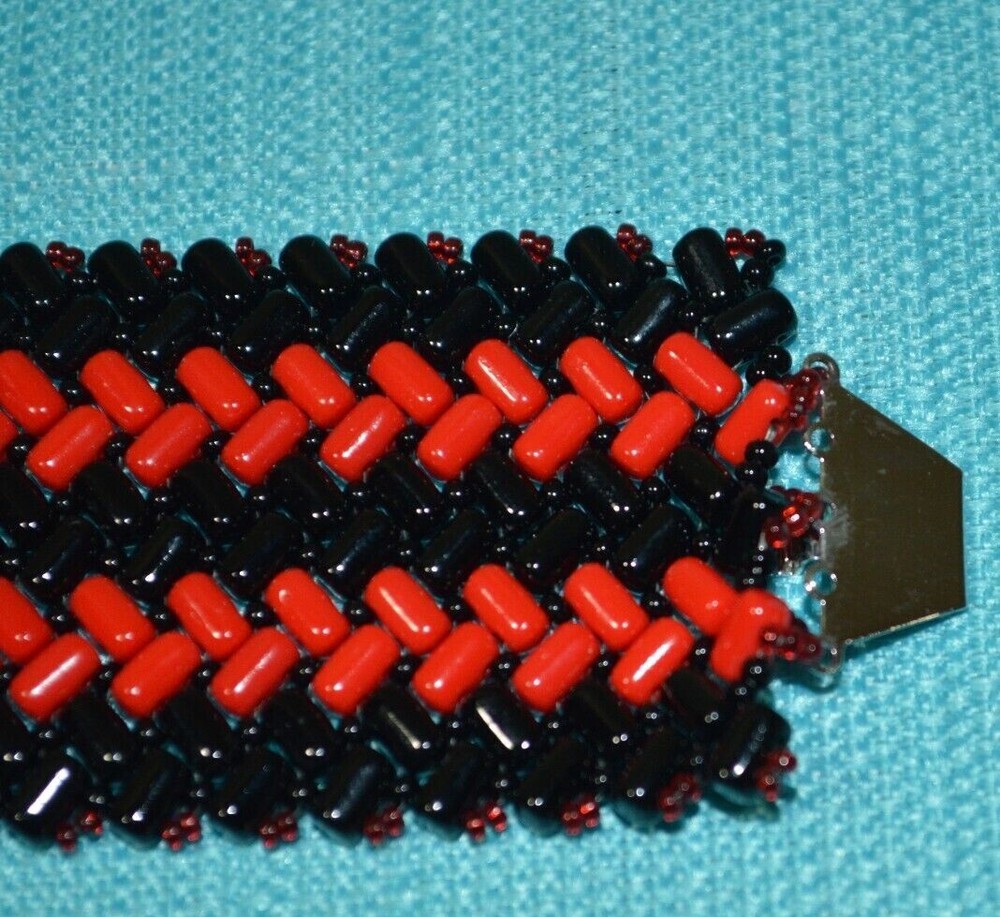 Red & Black Chevron Pattern Handmade Beaded Cuff Bracelet