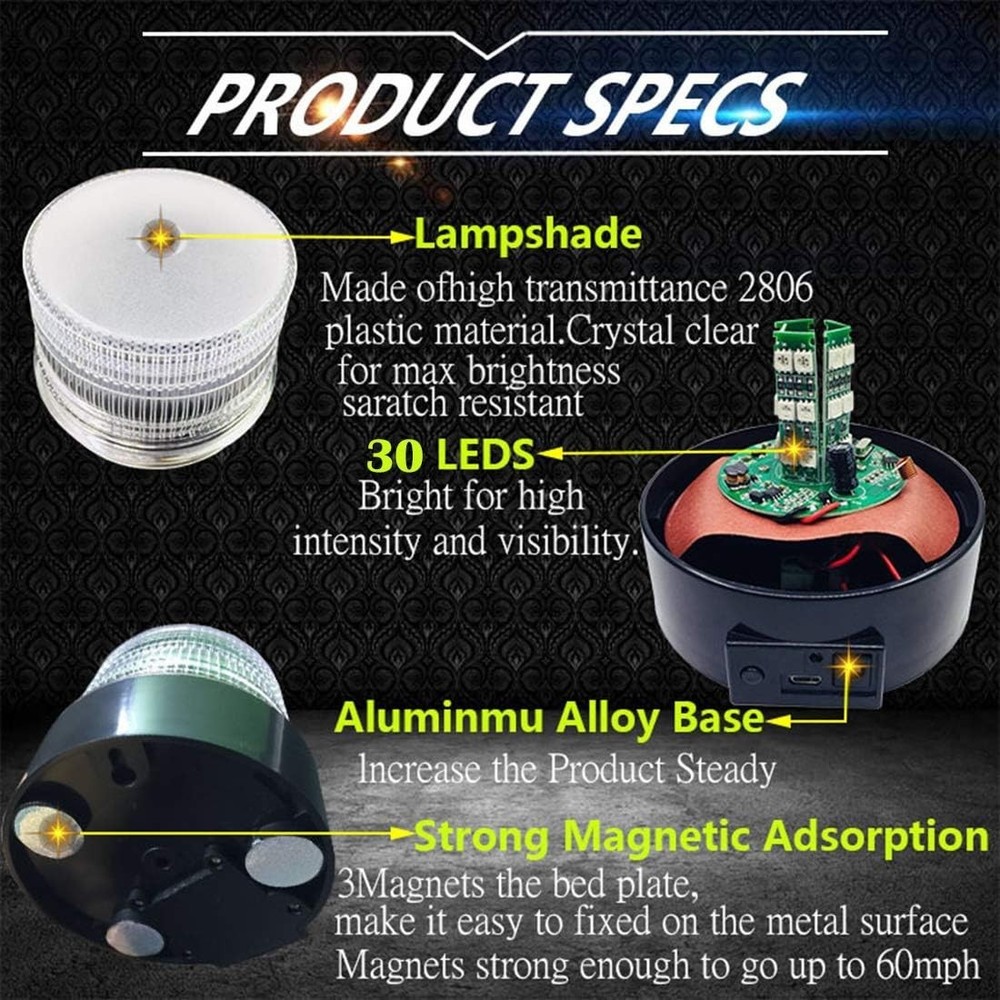 Rechargeable Magnetic LED Strobe Light with 8 Color Remote Control & High Vis...