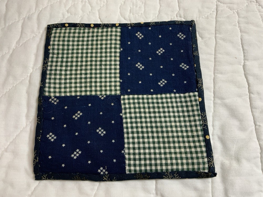 Vintage Patchwork Quilt Table Topper, Early Calicos, Four Patch, Navy, Green