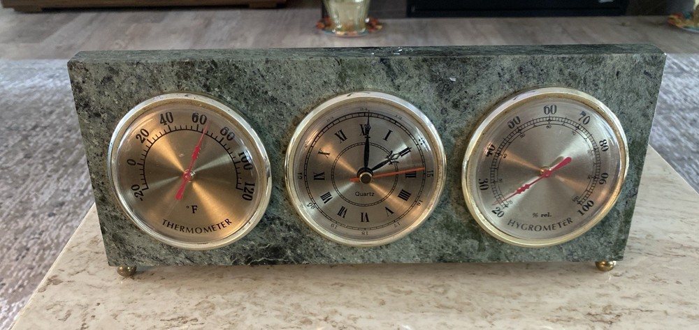 Hygrometer On Green Marble Base, Thermometer, Clock, %Rel