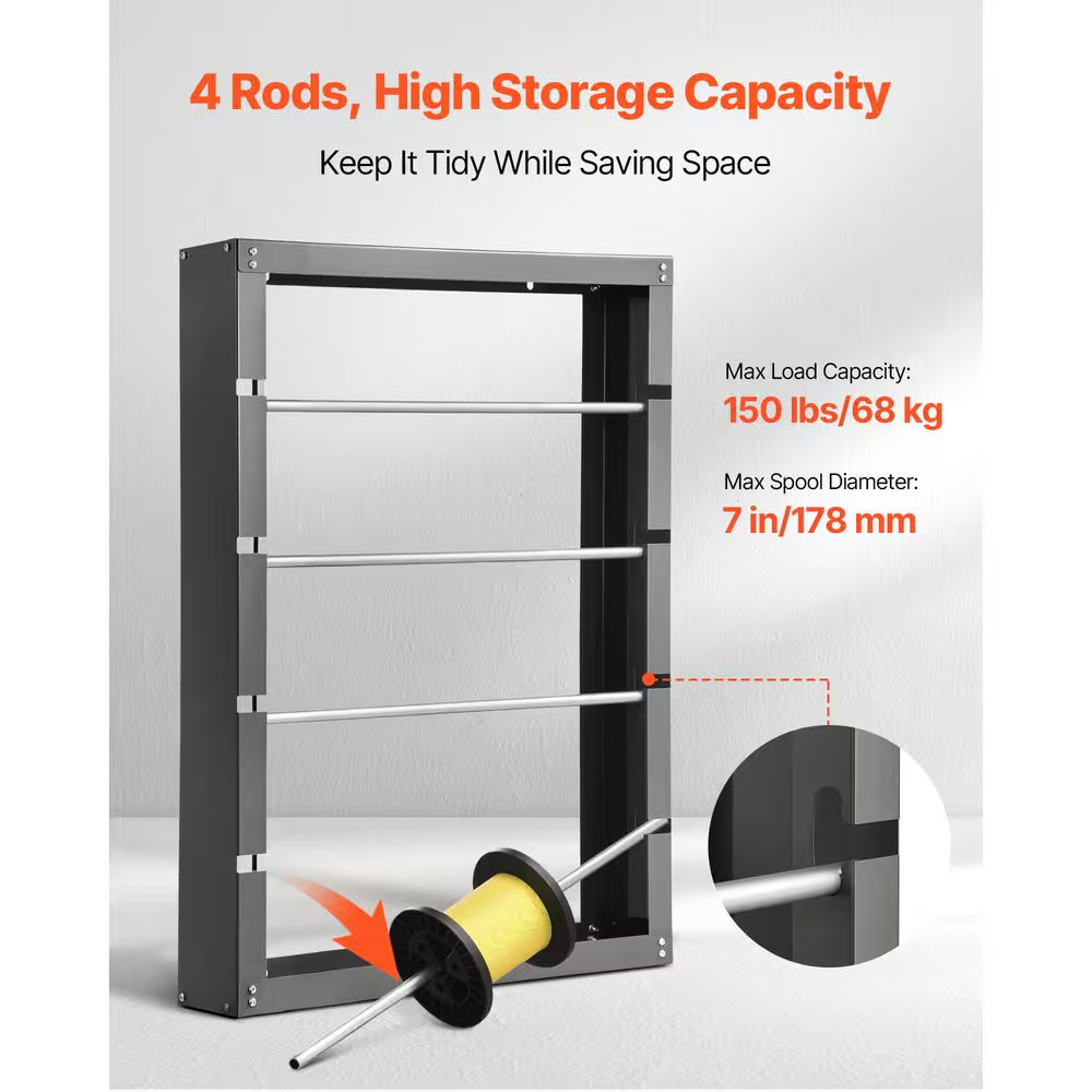 Wire Spool Rack 4-Adjustable Rods Cold-Rolled Wire Spool Holder Wall Mounted Wir