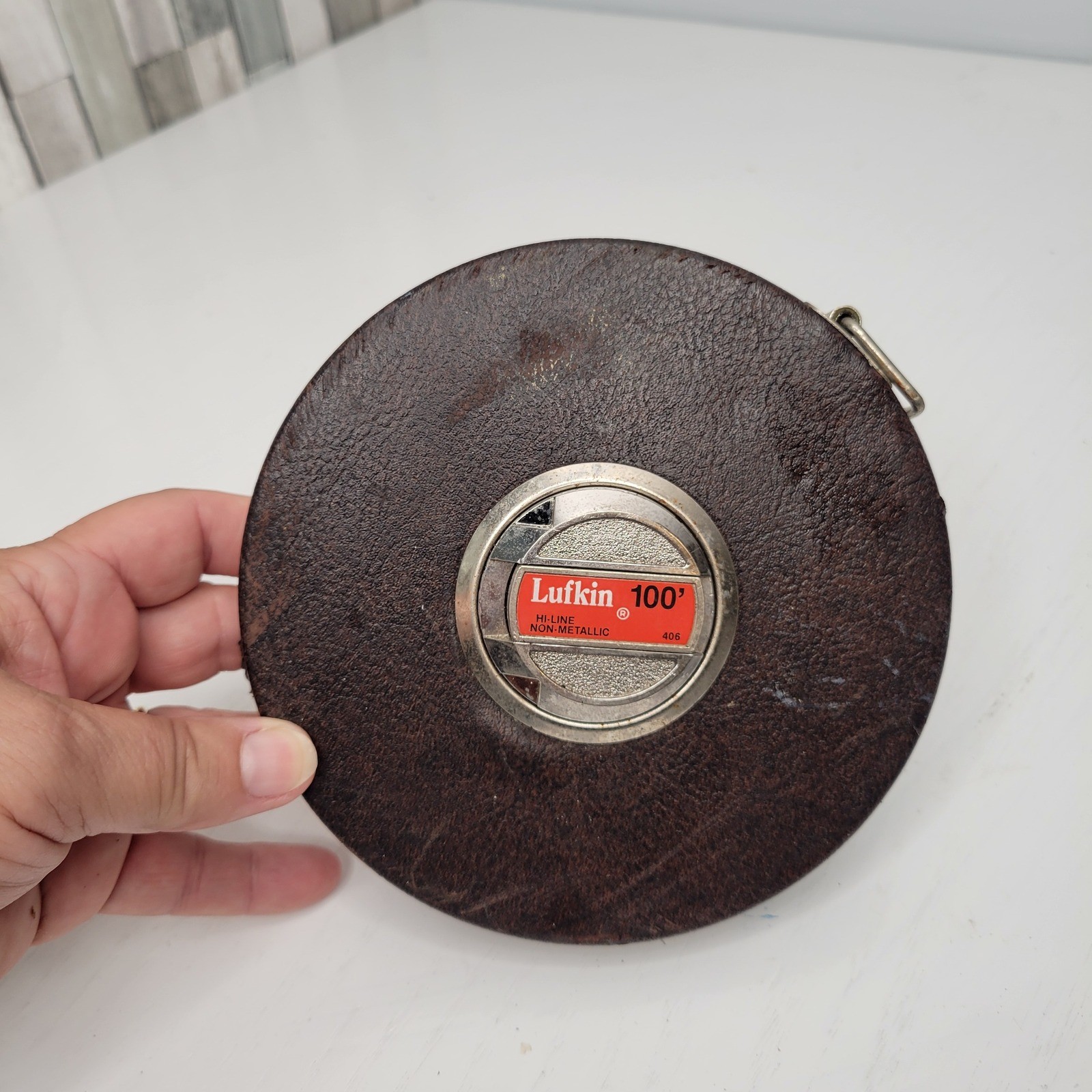 Vintage Lufkin 100' Hi-Line Non-Metallic Tape Measure Model 406 Brown Case