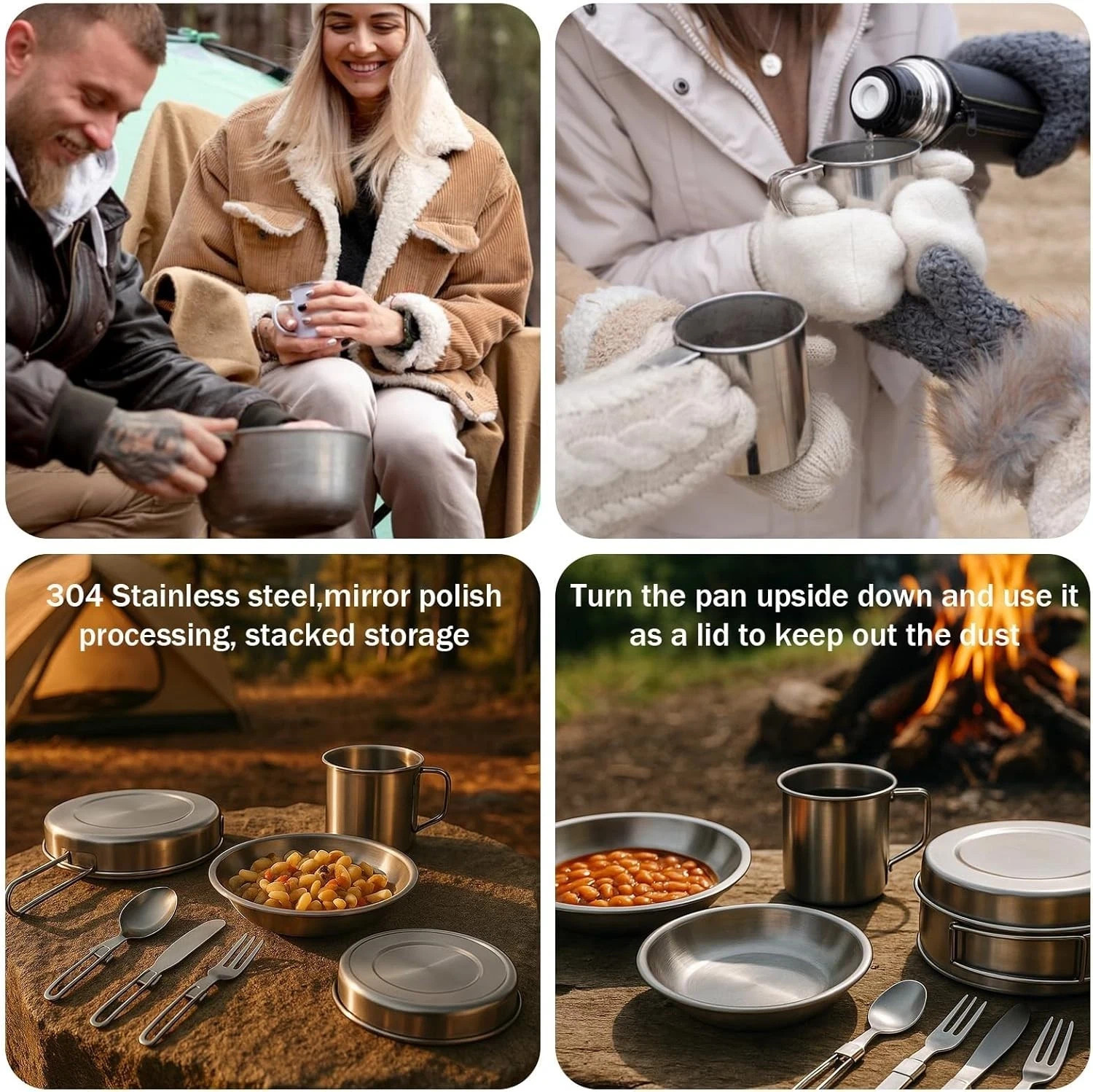 14Pcs Stainless Steel Camping Cookware Set Lightweight Compact Camping Pots Pan