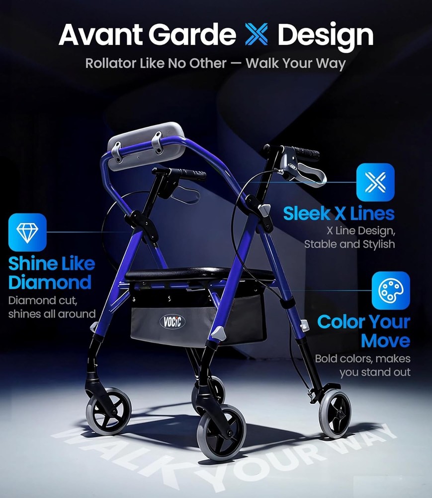 Lightweight Rollator Walker Seat Backrest Foldable All Terrain Adjustable