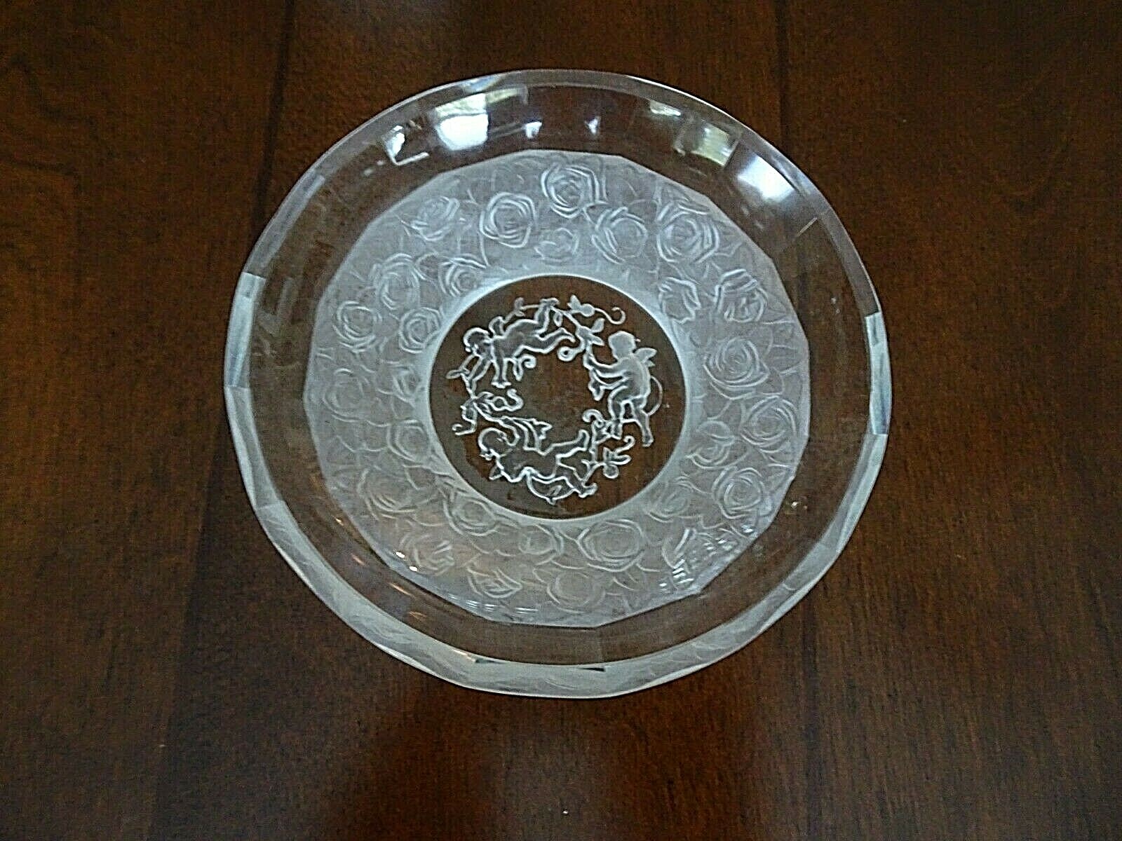 1930's Hoffman Bohemian Art Glass Crystal Frosted CHERUB & Roses Trinket Dish